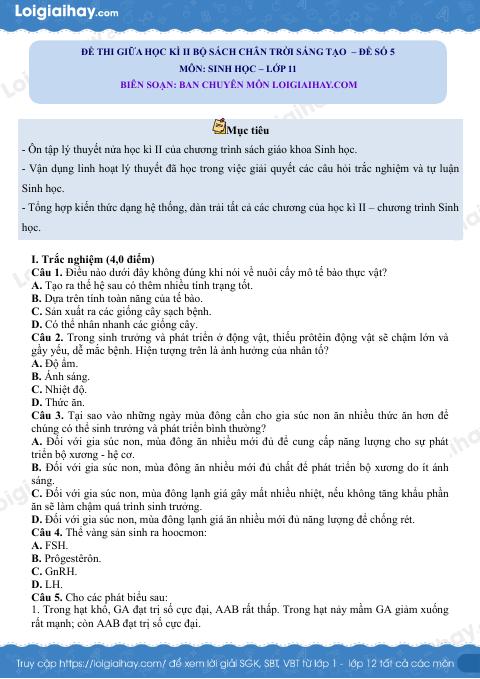 Đề thi giữa học kì 2 Sinh 11 Chân trời sáng tạo - Đề số 5